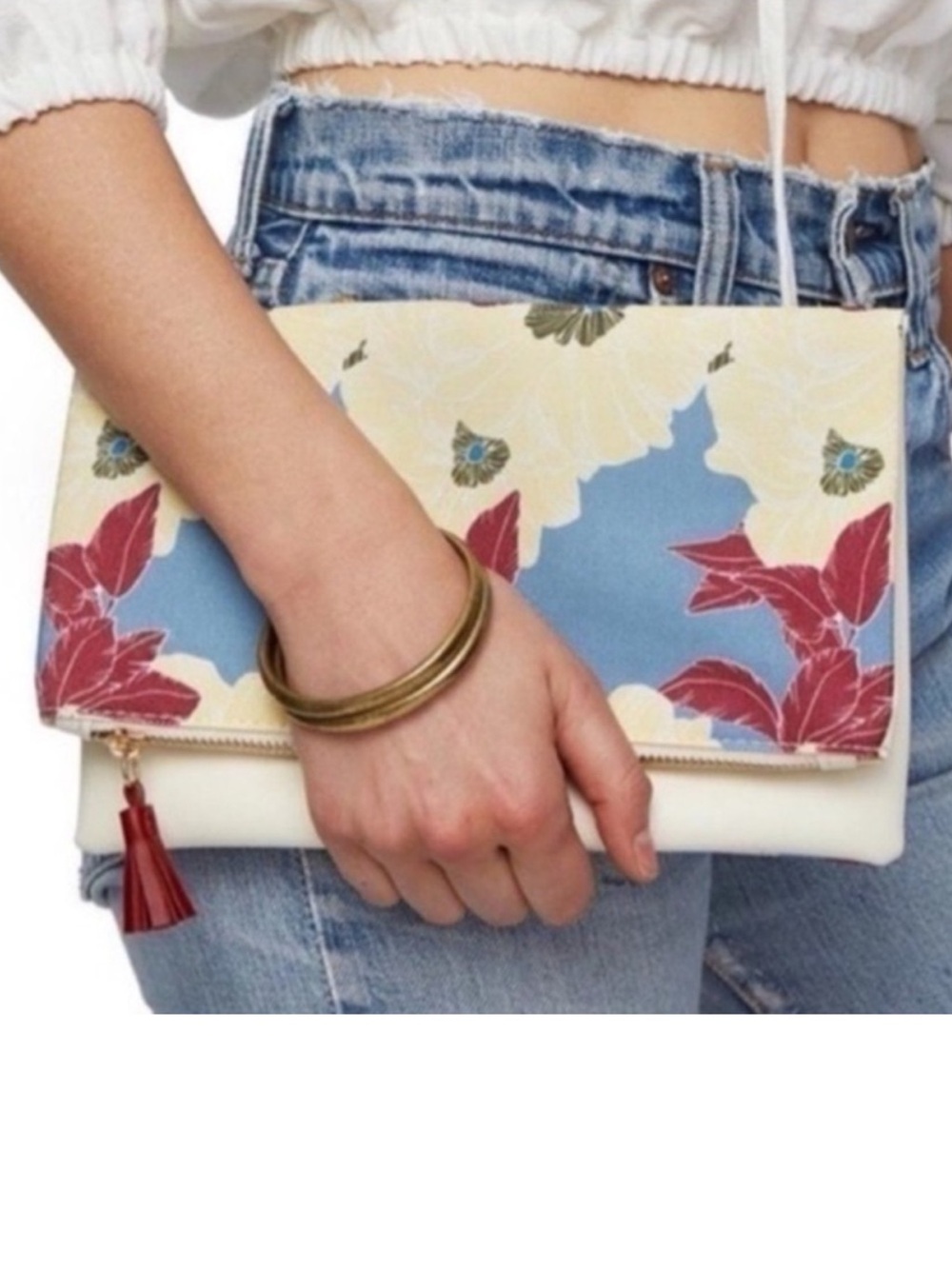 RACHEL PALLY Reversible Clutch Purse Pouch Floral White Cream Blue Zipper